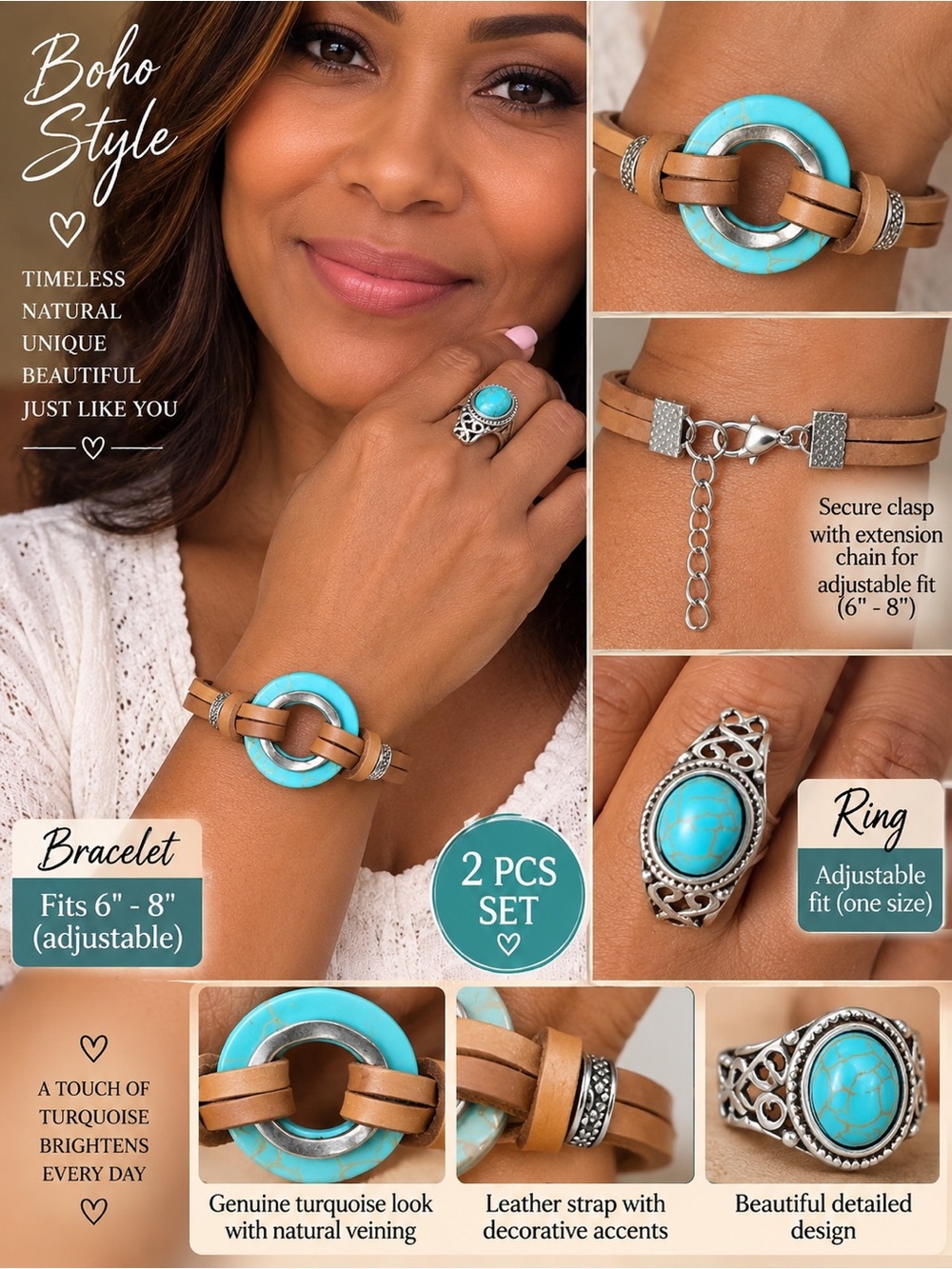 Boho Turquoise Leather Bracelet & Ring Set - Tan Strap